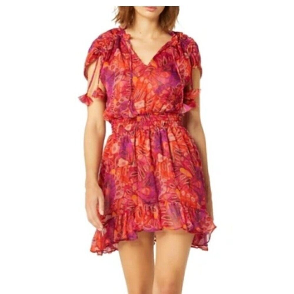 New Misa Dominique Mini Dress Womens Xs Red Abstract Semi Sheer Chiffon
